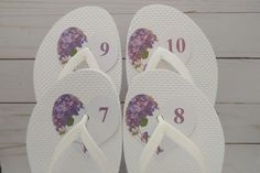 Size Tag for Flip Flops at Wedding, Easy, No Knot Tying, Heart Shaped Flip-Flop, thong sandal, flippies, number labels. #purple #flowers #wedding #flipflopsizetag Flip Flops At Wedding, Flip Flop Basket, Wedding Flip Flops, Number Labels, Knot Tying, White Flip Flops, Wired Ribbon, Tie Knots, Thong Sandals