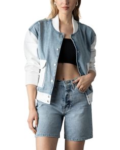 Blue Revival Admiral Mixed Media Jacket Fitted Cotton Varsity Jacket For Spring, 20 % Off, Outerwear Jackets, Mixed Media, Jackets For Women, Spandex, Media, Stone, Blue