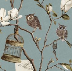 A whimsical pattern featuring delicate magnolia vines, watchful owls, vintage letters, antique keys,ornate padlocks and intricate birdcages.