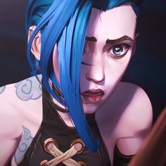 an animated woman with blue hair and piercings