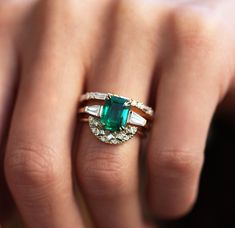 Best seller at Capucinne - ART DECO EMERALD & DIAMOND RING SET Delicate diamond band. The design can be made with gemstones of your choosing. If you would prefer a custom ring, please contact us before purchase. Details Art deco emerald & Emerald Diamond Engagement Ring, Emerald Engagement Ring Set, Emerald Set, Emerald Ring Engagement Diamond, Diamond Wedding Sets, Emerald Diamond Ring, Diamond Ring Settings, Emerald Engagement, Unique Diamonds