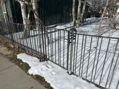 an iron fence with snow on the ground in front of it and trees behind it