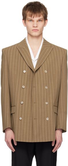 Stretch wool gabardine blazer. Pinstripes throughout. · Peaked lapel · Double-breasted button closure · Flap pockets · Padded shoulders · Four-button surgeon's cuffs · Central vent at back hem · Full satin lining · Horn hardware Supplier color: Hazel/Beige pinstripe Striped Outerwear With Double Button Closure For Business, Classic Pinstripe Blazer With Double-breasted Button, Classic Pinstripe Double-breasted Blazer, Tailored Pinstripe Suits With Double-breasted Button Fastening, Pinstripe Blazer With Notch Lapel And Double-breasted Buttons, Pinstripe Double-breasted Blazer With Notch Lapel, Pinstripe Notch Lapel Blazer With Double-breasted Button, Pinstripe Double-breasted Blazer For Office, Pinstripe Long Sleeve Blazer With Double-breasted Button