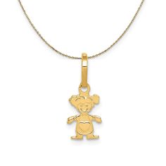 This little girl pendant is crafted with 14k yellow gold and it features a polished and textured finish. The approximate size is 7 mm x 11 mm and its average item weight is 0.37 grams. Includes a 24 inch long, 0.9mm wide, solid 14k yellow gold cable chain with a spring ring clasp. Bow Jewelry, Gold Polish, Jewelry Companies, Black Bow, Cable Chain, Spring Rings, Cable, Yellow Gold, Chain