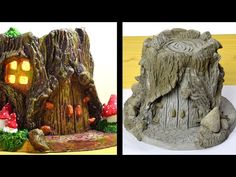 there are two pictures of different houses made out of wood and stone, one is a tree stump