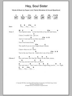 sheet music for guitar with the words hey, soul sister written in black and white