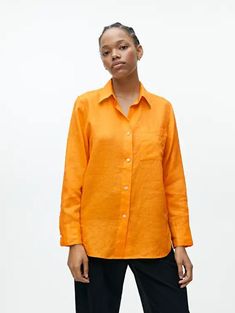 https://www.arket.com/en/women/shirts-blouses/product.linen-shirt-yellow.1078516009.html Open Neck, Women Shirts Blouse, Pure Linen, Personal Marketing, Shirt Collar, Social Media Platforms, Linen Shirt, Patch Pocket, Classic Style