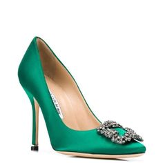 Manolo Blahnik Is The Definition Of Elegance. An Iconic Shoe From The Spanish Designer’s Collection, These Charming, Feminine And Romantic Manolo Blahnik Hangisi Pumps Are Exquisitely Crafted From Lustrous Green Satin And Kid Leather. They Feature An Almond Toe Completed With An Immediately Recognisable Swarovski Crystal Embellished Buckle To The Front, Making Them A Perfect Choice For Sophisticated Wearer. Highlights Emerald Green Satin Weave Crystal Buckle Detail Silver-Tone Hardware Pointed T Manolo Blahnik Heels Green, Elegant Green Heels With 4-inch Heel, Elegant Green Heels With Sculpted Heel, Green Heels For Gala, Luxury Green Heels For Evening, Luxury Green Heels For Cocktail, Classic Embellished Party Heels, Elegant Green Heels With Padded Heel, Designer Green Heels For Wedding