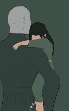 two people are hugging each other in the middle of an image with green and gray background