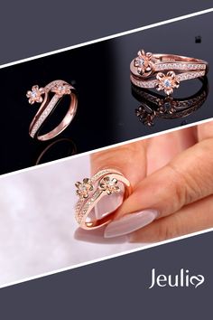 Lively and exquisite,this ring will be an eye-catcher everywhere. Crafted in beautiful rose gold tone silver,set with brilliant round stones,with the two delicate flowers on the swirl-shape shank,the ring will show an elegant and unique look on your left hand. Never miss it. #Jeulia #EngagementRing #WeddingRing #Ring #JeuliaJewelry Rose Design Flower Promise Ring, Adjustable Rose Design Rose Gold Ring, Rose Gold Flower Ring For Gift, Elegant Rose Flower Shaped Ring, Rose Gold Flower Ring For Promise, Rose Gold Flower Design Promise Ring, Rose Gold Flower Promise Ring, Elegant Flower Jewelry For Proposal, Elegant Rose Gold Flower-shaped Ring