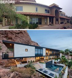 before and after photos of a modern house in the desert with an outdoor swimming pool