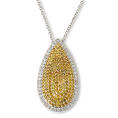 Colleen Lopez 1ctw Diamond Halo Pear Pendant with Chain  Elevate your accessories collection with the addition of chic, colored diamonds. This pretty, pear-shaped slider pendant features 1ctw of colored and white diamonds on a sterling silver chain. The luxe look is perfect for most any occasion!       Pendant approx. 1"L X 1/2"W     Chain approx. 18"L with clasps at 16", 17", 18"     Stamped .925     Rhodium plating; rose, black or yellow accents     Sterling silver pear-shaped slider pendant has round pave'-set colored diamonds in center framed in round, white diamonds     Cable chain with lobster-claw clasp   Stone Information       All sizes and weights approximate     Total Carat Weight: 1ctw      White Diamond - Round; 0.25ctw; Color: H-I, Clarity: I2     Champagne Diamond - Round; 0 Teardrop Gemstone Diamond Necklace, Pear-shaped Drop Necklace With Diamond Accents, Yellow Diamond Teardrop Jewelry, Fine Jewelry With Pear-shaped Pave Setting, Pear-shaped Pave Setting Fine Jewelry, Yellow Pear-shaped Jewelry With Diamond Accents, Pear-shaped Yellow Jewelry With Diamond Accents, Yellow Teardrop Pendant Jewelry For Anniversary, Yellow Teardrop Fine Jewelry Necklace