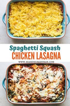 spaghetti and chicken lasagna in blue casserole dishes with text overlay