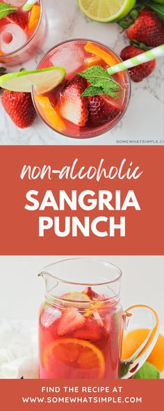 sangria punch recipe with oranges, strawberries and lime on the side in glasses