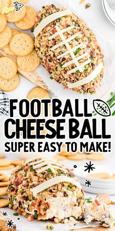 football cheese ball with crackers and crackers on the side