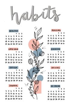 a calendar with the word habitts written in it and flowers on top of it