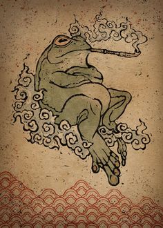 a drawing of a frog with a pipe in its mouth