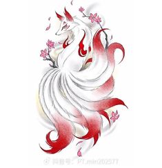 a drawing of a white horse with pink flowers on it's head and tail