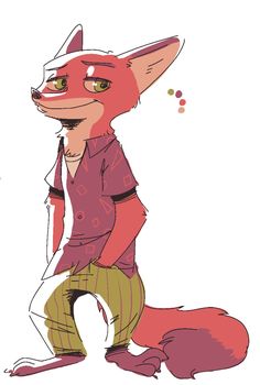 a drawing of a red fox with green pants and a pink shirt, standing in front of a white background