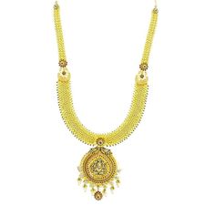 22K Yellow Gold Necklace & Earrings Set W/ CZ, Ruby, Emerald, Pearls & Laxmi Pendant on U-Shaped Beaded Chain for women. This standout set will be sure to dazzle with its three-row beaded chain, precious rubies, emeralds and CZ gemsas well as hanging pearls. The necklace is 32 inches long with a width range of 2-21 mm. The pendant is 85 mm long and 60 mm wide. Each earring is 56 mm long and 25 mm wide. The set weighs a total of 164.03 grams. Yellow Gold Chandbali Jewelry For Puja, Yellow Gold Meenakari Jewelry For Puja, Yellow Gold Jewelry For Diwali Puja, Yellow Gold Jewelry For Puja Diwali, 22k Gold Chandbali Jewelry For Puja, 22k Gold Chandbali For Puja, 22k Gold Meenakari Jewelry For Puja, Fusion Style Yellow Gold Jewelry For Puja, 22k Gold Tilla Jewelry For Puja