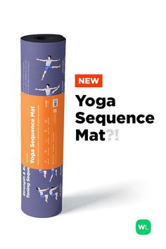 the yoga sequence mat is on display in front of a white background with an orange and blue