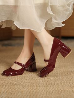 Round-Toe Shallow Cut Split-Joint Mary Janes Pumps BURGUNDY-US 6 | EU 36 2/3 | UK 4 | CN 36 Lady Clothes, Zapatos Mary Jane, Rough Heels, Strappy Block Heels, Style Français, Round Toe Pumps, Chunky High Heels, Mary Jane Pumps, Jairzinho