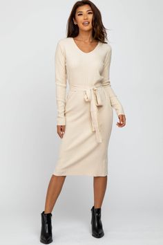 Beige Tie Front Maternity Sweater Midi Dress– PinkBlush Cream V-neck Sweater Dress For Spring, Fall V-neck Midi Dress With Tie Waist, Cream V-neck Sweater Dress For Fall, Fall Cream V-neck Sweater Dress, Long Sleeve Ribbed Midi Dress For Brunch, Long Sleeve Maternity Dress For Fall, Fall Maternity Long Sleeve Dresses, Belted V-neck Midi Dress For Fall, Chic Fall Maternity Midi Dress