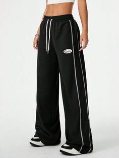 Women's Streetwear Sportswear Blockcore Letter Sport Biker Woven Tape Style White Contrast Side Stripe Casual Texture Sweatpants Black    Knitted Fabric Colorblock,Letter,Striped Wide Leg Slight Stretch  Women Clothing, size features are:Bust: ,Length: ,Sleeve Length: Cheap Streetwear Sweatpants With Three Stripes, Cheap Athleisure Bottoms With Letter Print, Nike Tech Fleece Blanc Gris Noir, Nike Tech Fleece Womens Set, Women Sweatpants, Girl Sweatpants, Wide Leg Sweatpants, Volley Ball, Black Sweatpants