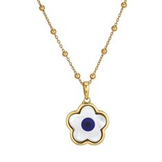 14k vermeil mother of pearl flower with navy center. Shown on our Florence Chain *Chain sold separately* 17mm Gold Mother Of Pearl Flower Pendant Jewelry, Gold Flower-shaped Mother Of Pearl Jewelry, Parker Thatch, Mignonne Gavigan, Navy Flowers, Evil Eye Charm, Gold Dipped, Pearl Flower, Beautiful Bags