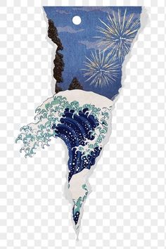 the great wave off kanishi with fireworks in the sky, transparent png