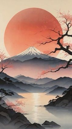 a painting of a mountain with the sun setting over water and trees in front of it