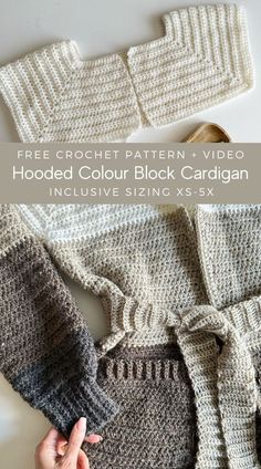 the crochet pattern for hooded color block cardigan is shown in grey and white