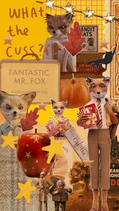 an altered collage with many different pictures and words on it, such as cats