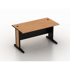 an office desk with black legs and a light wood top, viewed from the front