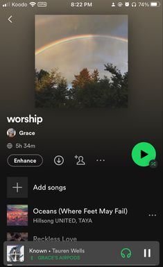 an iphone screen with the words worship and rainbows in green on it's left side