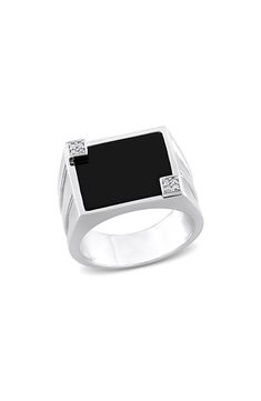 A square ring is the perfect everyday accessory that goes with many different looks. Total diamond weight: 0.04ct. Total onyx weight: 5.00ct. Sterling silver/onyx/diamond Imported Diamond Guide Modern White Gold Rectangular Ring, Modern Rectangular White Gold Ring, Modern Square Ring With Polished Finish, Formal Square Rings With Polished Finish, Modern Square Cut Diamond Jewelry, Modern Square Rings For Formal Occasions, Modern Jewelry With Single Cut Rectangular Diamonds, Polished Diamond Rectangle-shaped Rings, White Gold Rectangular Diamond Ring With Polished Finish