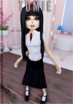 an animated image of a woman with long black hair wearing a white shirt and red tie