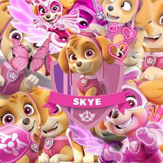 a group of teddy bears with pink wings and hearts on their chests, surrounded by the words skye