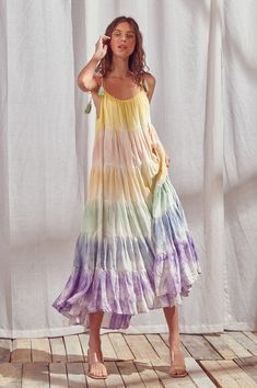 Rainbow layered maxi with tie tassels. rayon Mode Batik, Color Block Maxi Dress, Pastel Tie Dye, Tie Dye Colors, Rainbow Tie, Tie Dye Maxi Dresses, Tie Dye Maxi, Rainbow Dress, Empire Dress