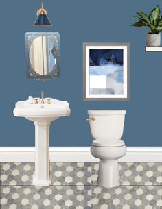 a bathroom with a toilet, sink and pictures on the wall above it is shown