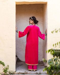 This is a 3-piece set. The set consists of velvet kurta comes with zardozi detailing has round neck; 3/4th flared sleeves teamed with muslin palazzo pants and an organza dupatta with gold embroidery detailing. The set is a loose style garment. 3-piece set Kurta Fabric-Velvet Bottom Fabric-Muslin Dupatta Fabric-Organza Kurta Length-45 inches Bottom Length- 38 inches. Work-Zardozi & Embroidery Detailing Color-Pink Sleeves - 3/4th Flared Sleeves Neck-Round Neck Washing Care-Cold Wash Only Organza Dupatta Suits, Organza Kurta, Velvet Kurta, Zardozi Work, Zardozi Embroidery, Embroidery Detailing, Organza Dupatta, Gold Embroidery, Loose Style