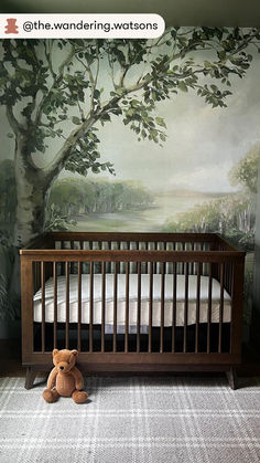 Pin description: The most beautiful backdrop for our Scoot 3-in-1 Convertible Crib in Natural Walnut. The rich woods, earthy palette, and inspiring scene create the coziest crib nook — with just a hint of adventure. 🧸 📸: @the.wandering.watsons on IG Pottery Barn Crib, Casa Country, Nursery Room Design, Chris Loves Julia, Baby Room Design