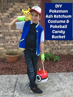 a young boy dressed in pokemon ash ketchum costume and pokeball candy bucket