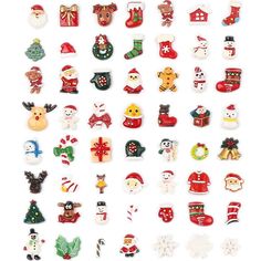 many different types of christmas decorations on a white surface with snowmen and santa hats