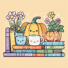 a stack of books with pumpkins, flowers and coffee mug sitting on top of them