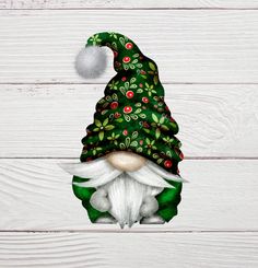 a green gnome with white beard and hat on top of a wooden planked wall