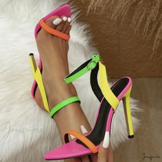 High Heel Two-tone Pointed Toe Sandals Multicolor Pointed Toe Sandals For Summer, Multicolor Strappy Sandals For Party, Neon High Heel Summer Shoes, Neon High Heels For Summer, Shoe Sole, Toe Sandals, High Heel, Two Tone, High Heels