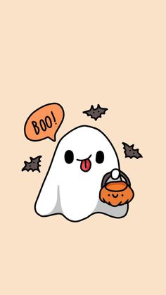 a cartoon ghost eating a donut with an orange speech bubble above it that says boo