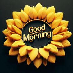 a sunflower with the words good morning written on it's center circle surrounded by leaves