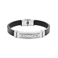 Men's Black Leather Bracelet with Stainless Steel Greek Key Design A bold, Greek Key design paired with a textured black leather strap, give this ID-style bracelet a sleek, international vibe.        Approx. 7-1/2"L x 1/2"W x 1/4"H     Made of leather and stainless steel     Fold-over clasp Black Engraved Rectangular Leather Bracelet, Black Engraved Leather Bracelet, Black Rectangular Leather Strap Bracelet, Classic Black Engraved Leather Bracelet, Classic Black Leather Bracelet Engraved, Black Leather Bracelet, Mens Black Leather, Key Design, Greek Key